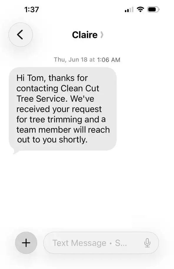Confirmation text the customer receives from Clean Cut Tree Services