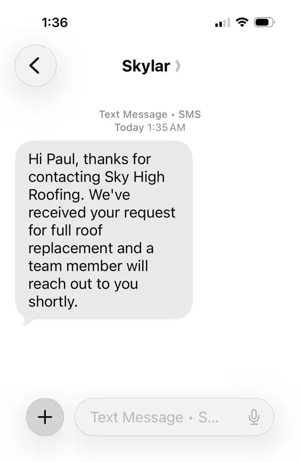 Confirmation text the customer receives from Sky High Roofing