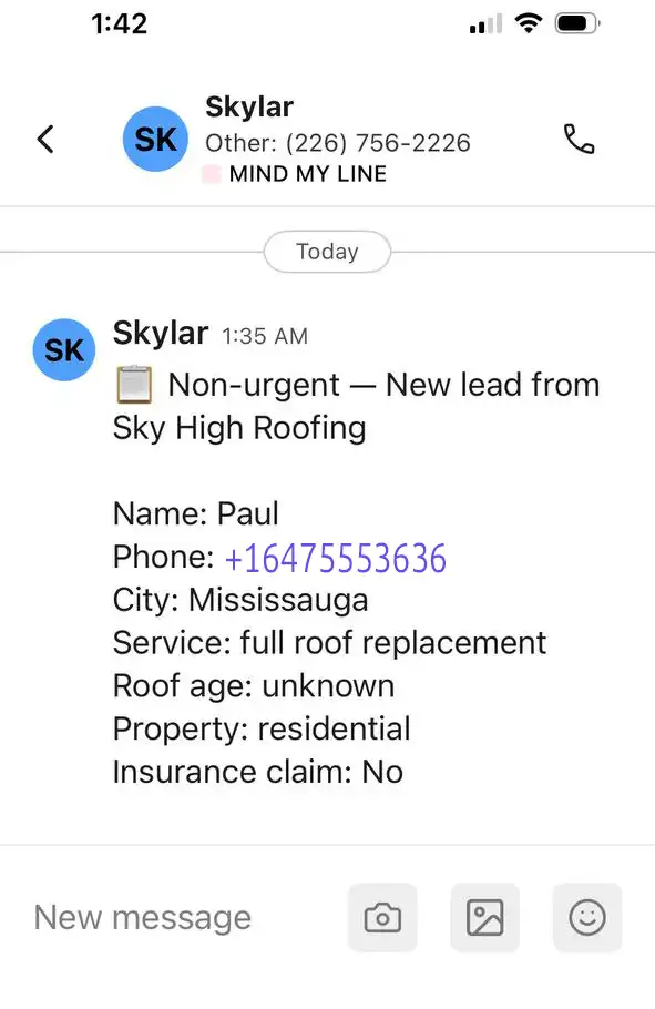 Structured summary text the owner receives after a call to Sky High Roofing